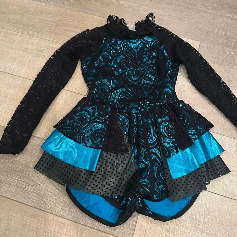 CURTAIN CALL BLUE AND BLACK BIKETARD JAZZ COSTUME DANCE CHILD LARGE